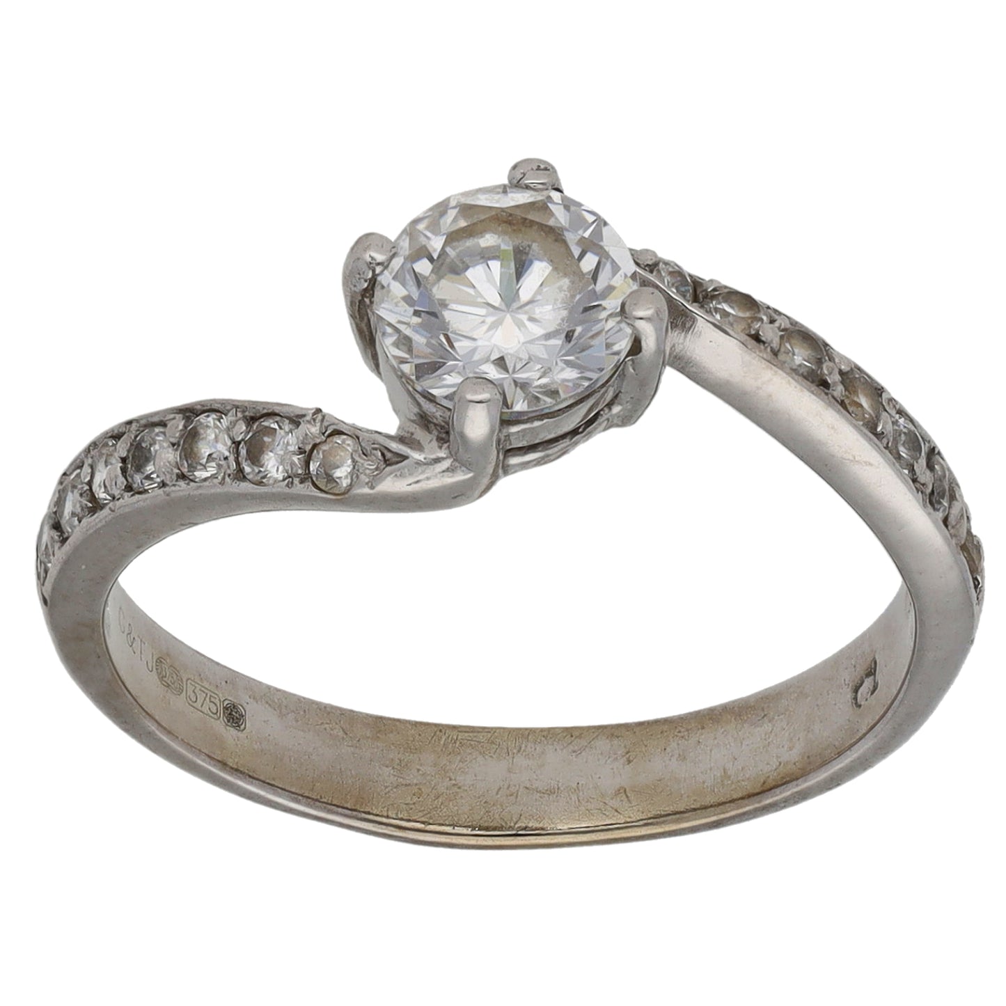 9ct White Gold Cubic Zirconia Single Stone Ring with Accent Stones Size M