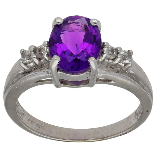9ct White Gold Amethyst & White Topaz Single Stone Ring with Accent Stones Size N