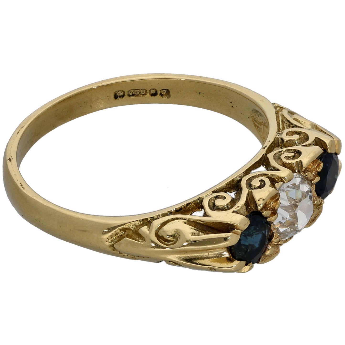 18ct Gold 0.40ct Diamond & Sapphire Three Stone Ring Size O