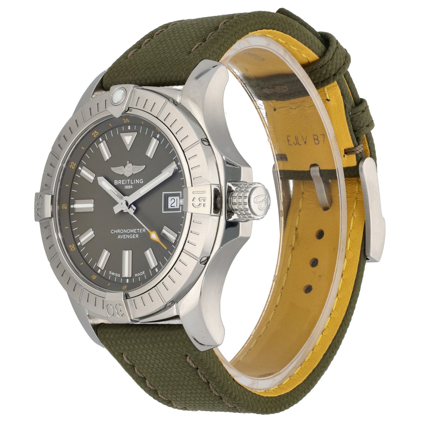 Breitling Avenger A17318, with grey dial and a khaki green fabric/nato bracelet, front angle image