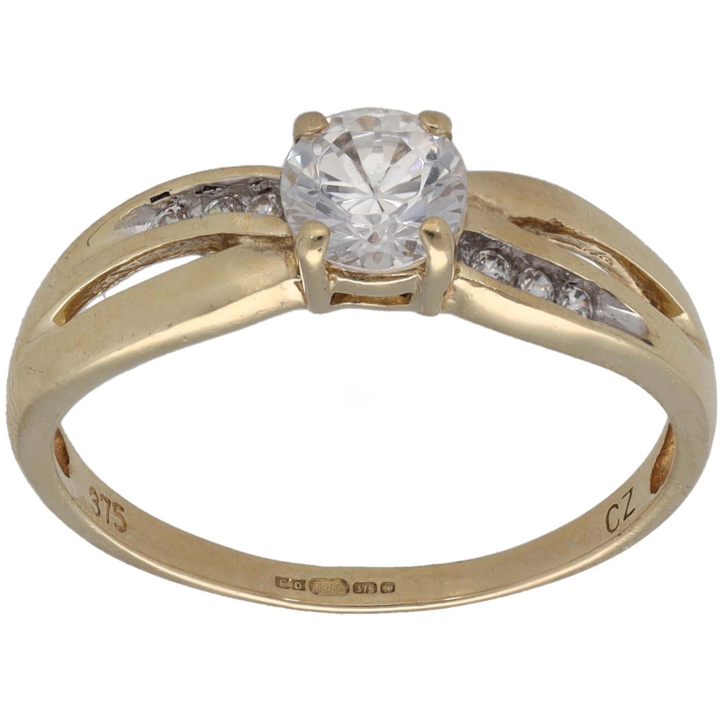 Gold CZ single-stone ring with small side accent stones and raised round center