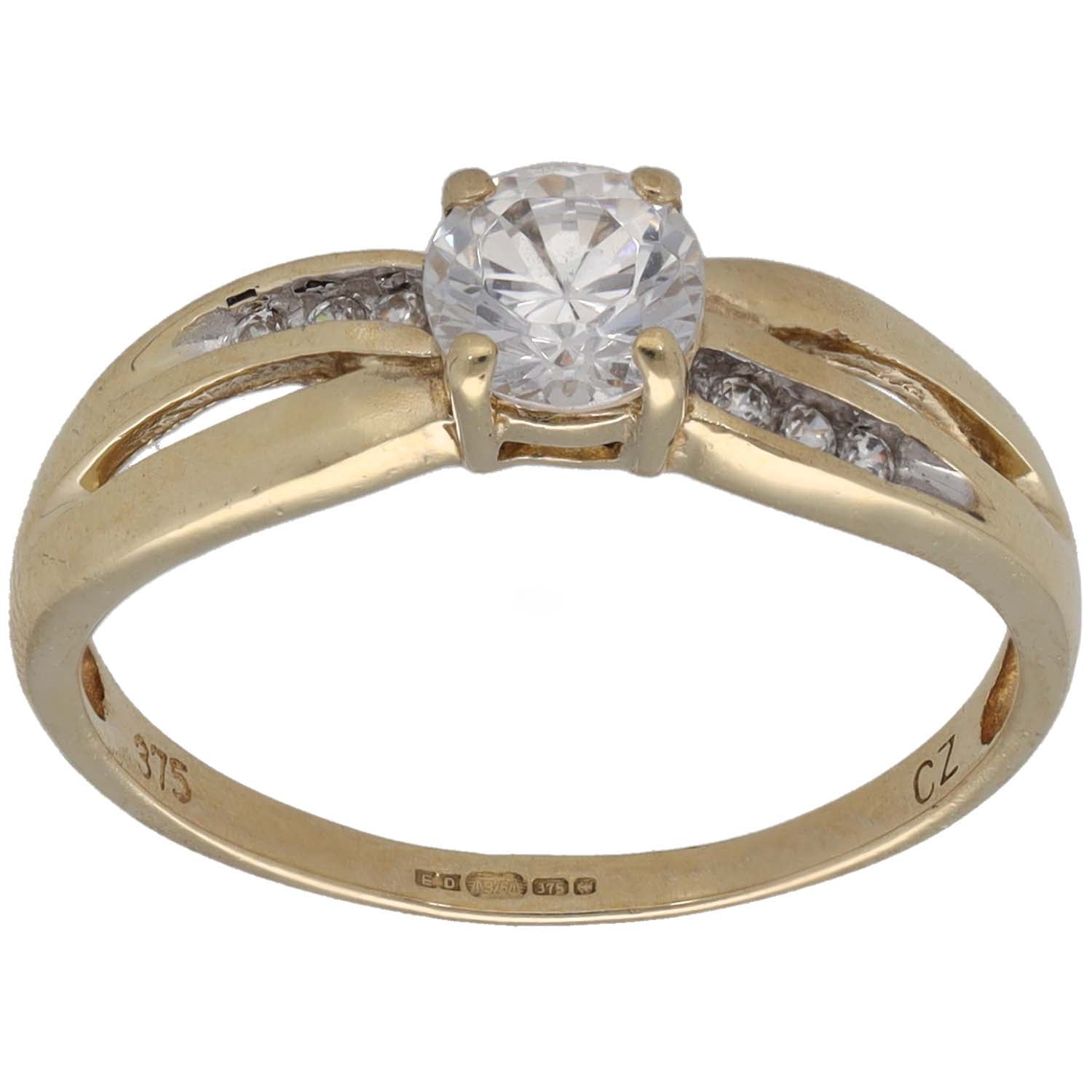 Gold CZ single-stone ring with small side accent stones and raised round center