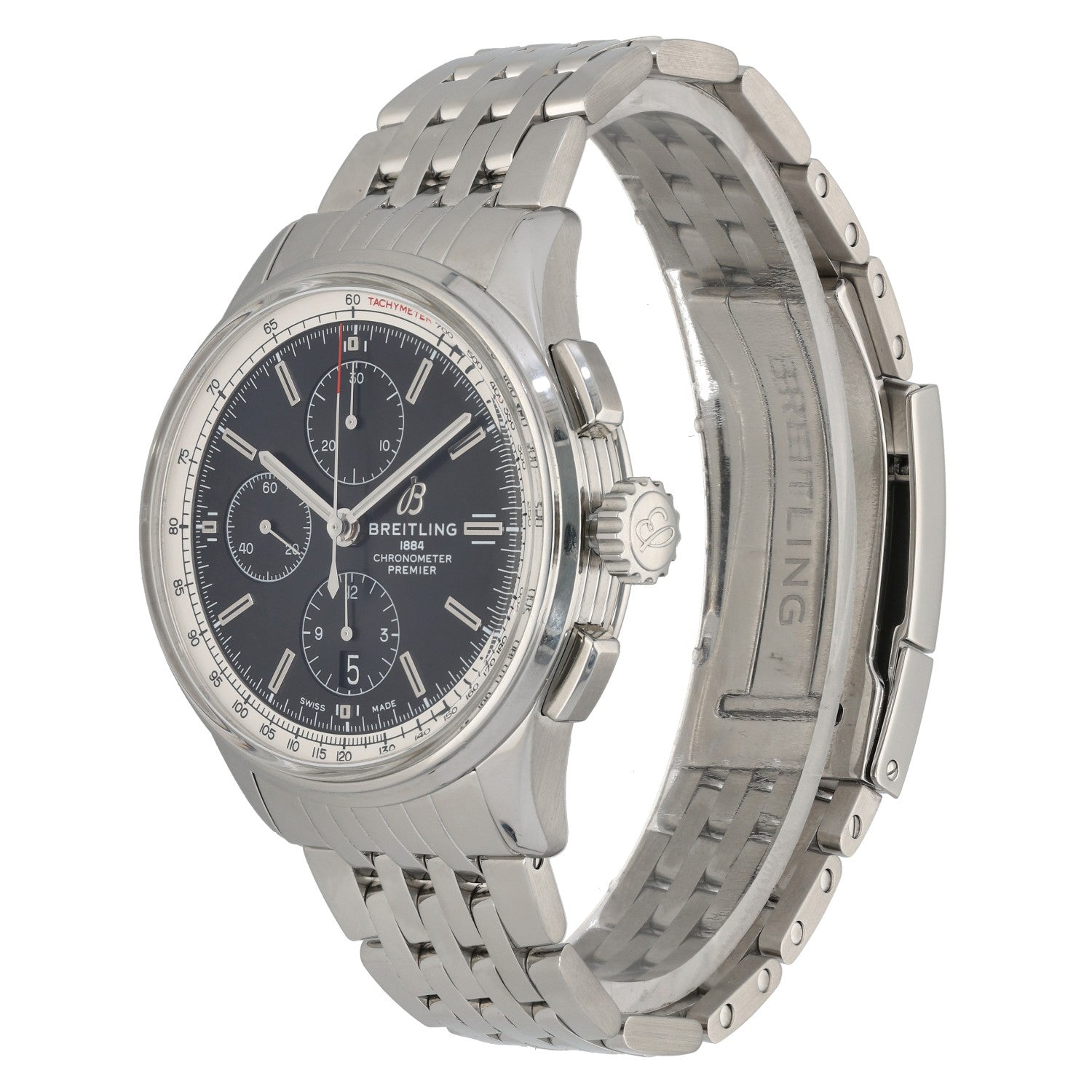 Breitling Premier A13315 Stainless steel wristwatch, side view with black dial and knurled crown