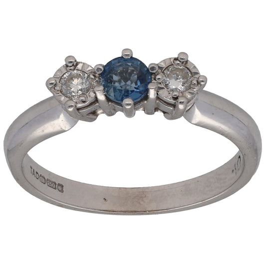 18ct White Gold Sapphire & 0.10ct Diamond Trilogy Ring Size M