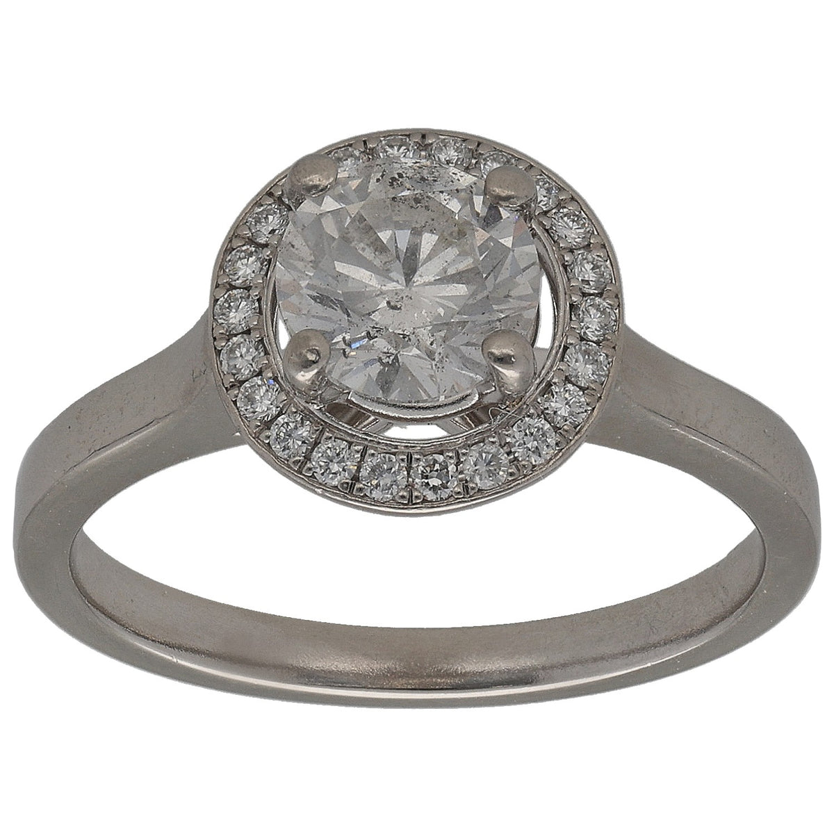 Platinum diamond cluster ring with round center stone and halo of small stones