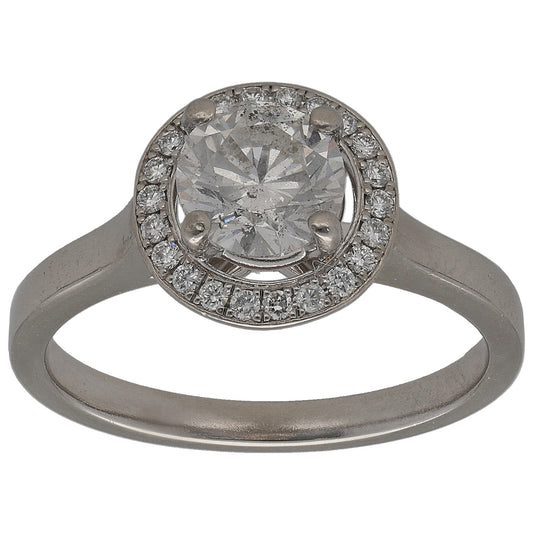 Platinum diamond cluster ring with round center stone and halo of small stones