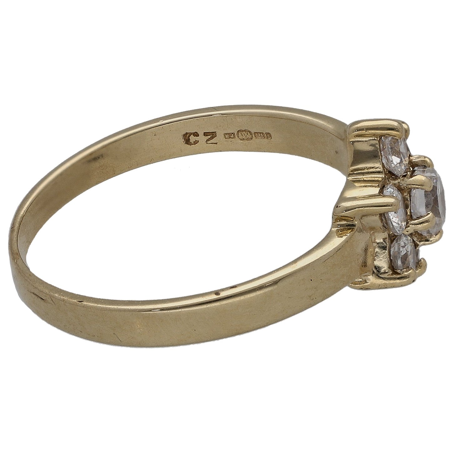 9ct gold-tone ring with side CZ cluster, prong-set stones, and engraved inside band