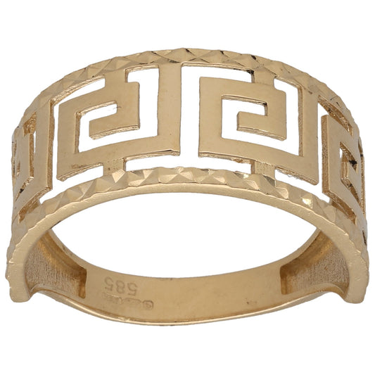 Gold-tone openwork ring band with Greek-key motif and geometric cutouts