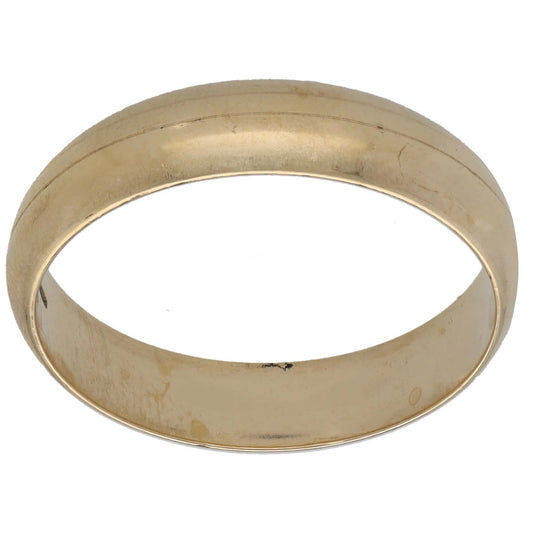 Plain 9ct gold wedding ring, smooth band with inner hallmarks, side view