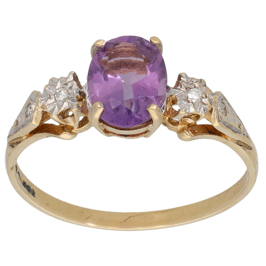 9ct Gold 0.02ct Diamond & Amethyst Dress/Cocktail Ring Size N