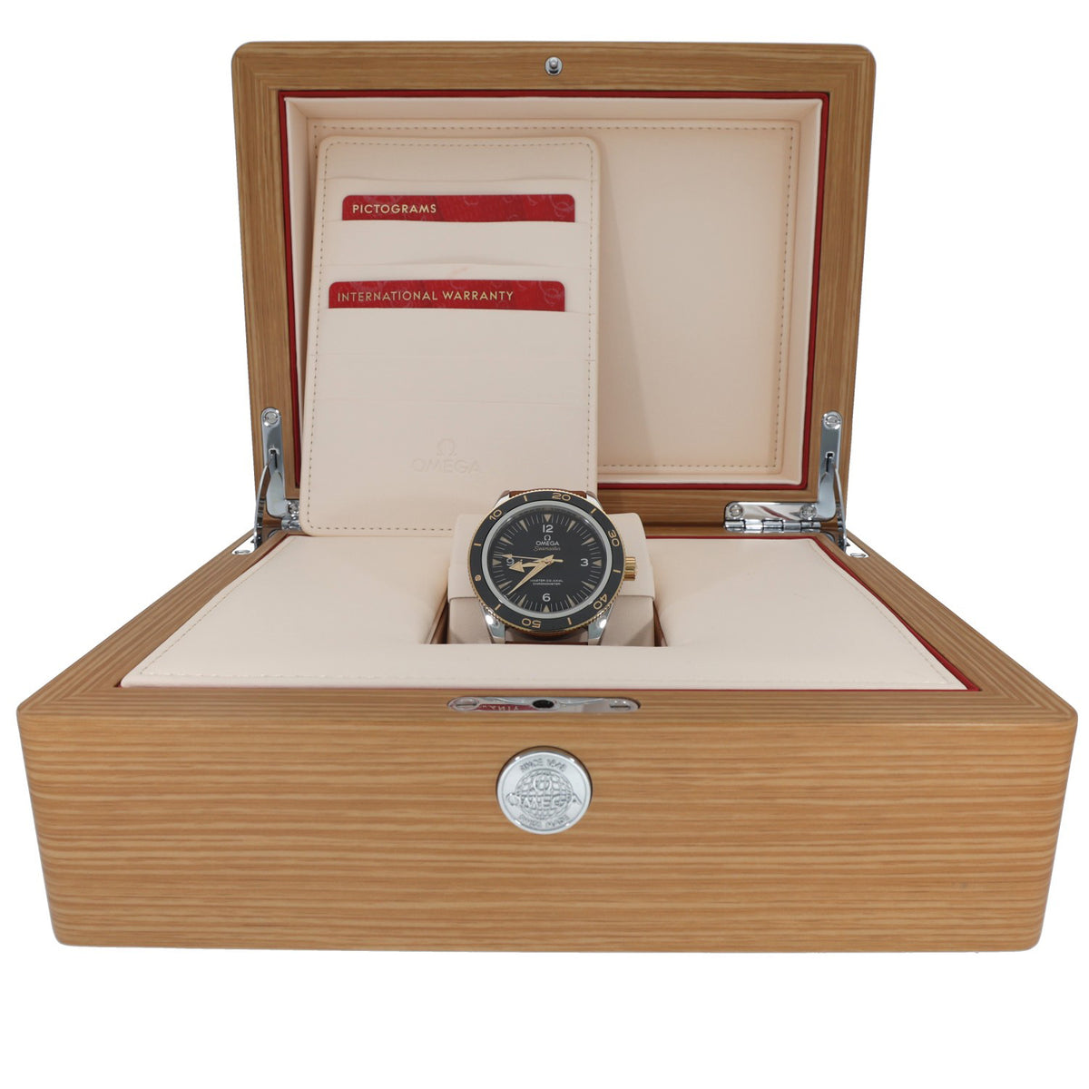 Omega Seamaster 300 233.22.41.21.01.001 , black dial with bi-colour case and tan brown leather bracelet - in wooden Omega box