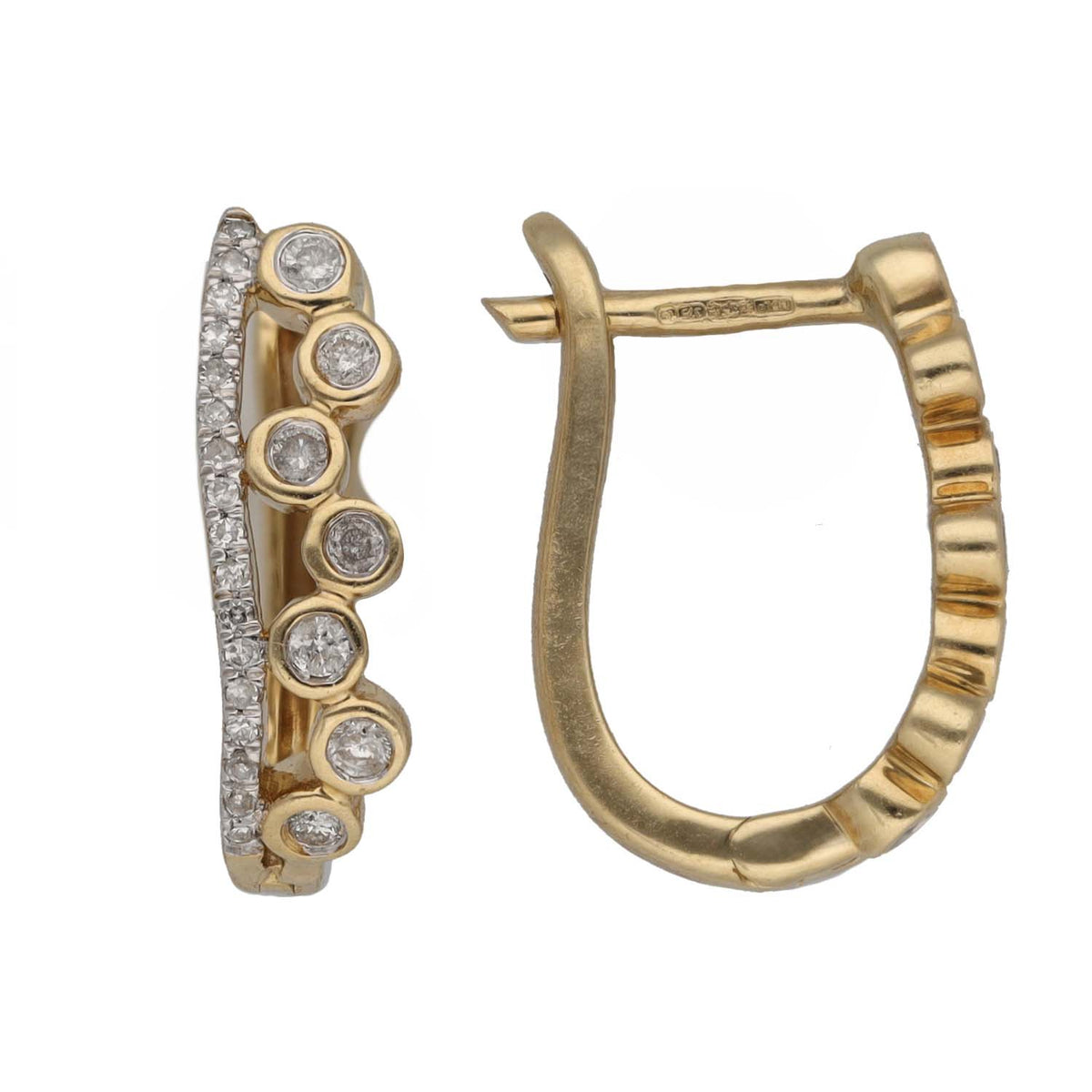 9ct gold diamond cluster hoop earrings, round bezel-set stones