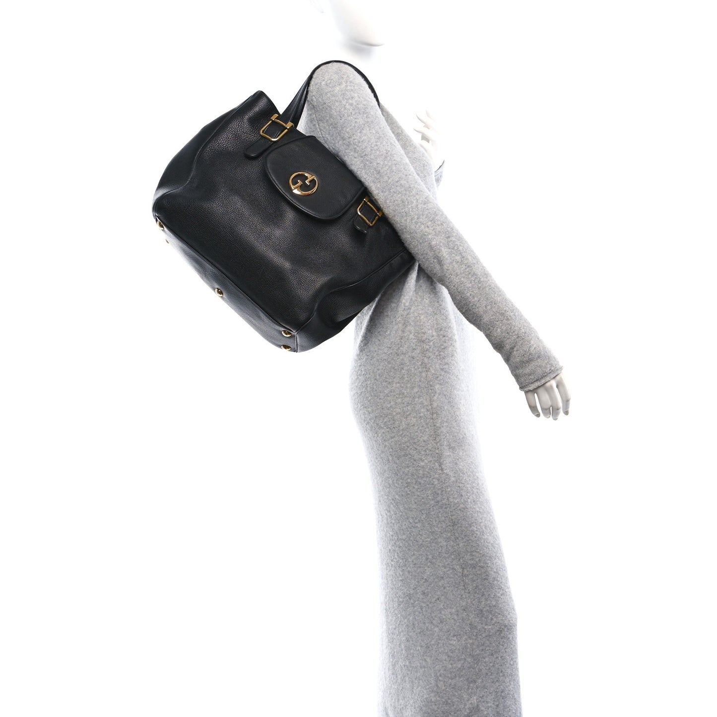 Gucci 1973 Tote Pebbled Calfskin Leather Bag - Black