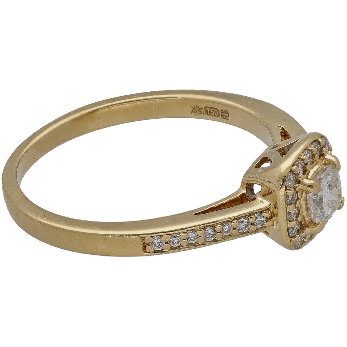 18ct gold diamond cluster ring with round center stone and pavé shoulders