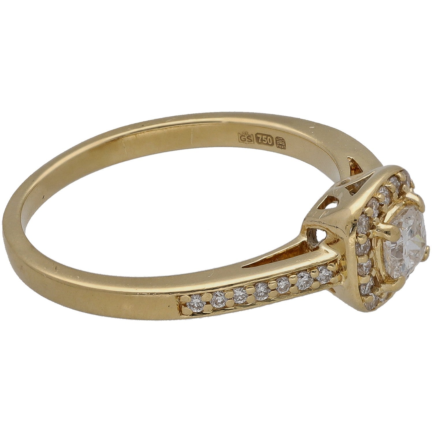 18ct gold diamond cluster ring with round center stone and pavé shoulders