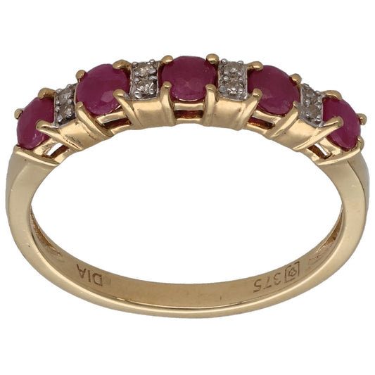9ct Gold Ruby & 0.04ct Diamond Half Eternity Ring Size P
