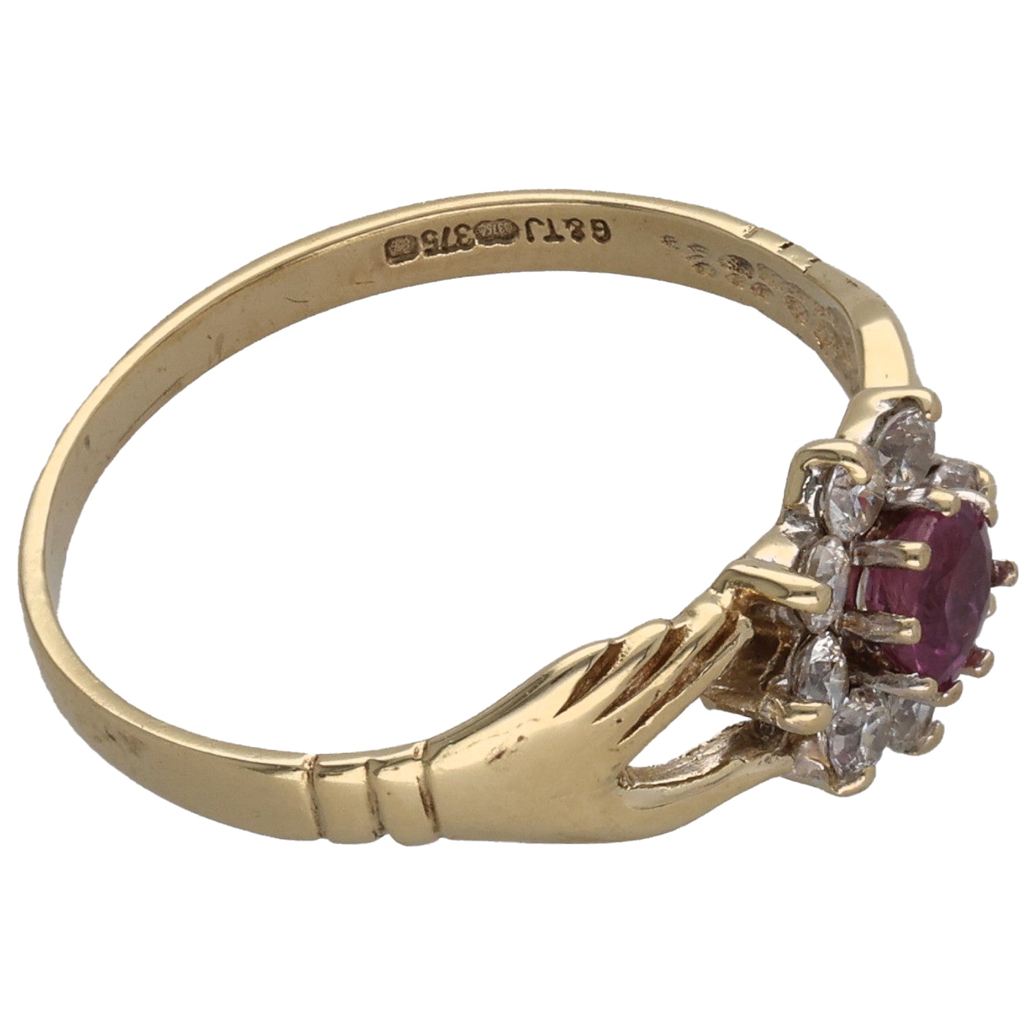 Gold ring side view with purple gemstone bezel and surrounding CZ cluster, size M