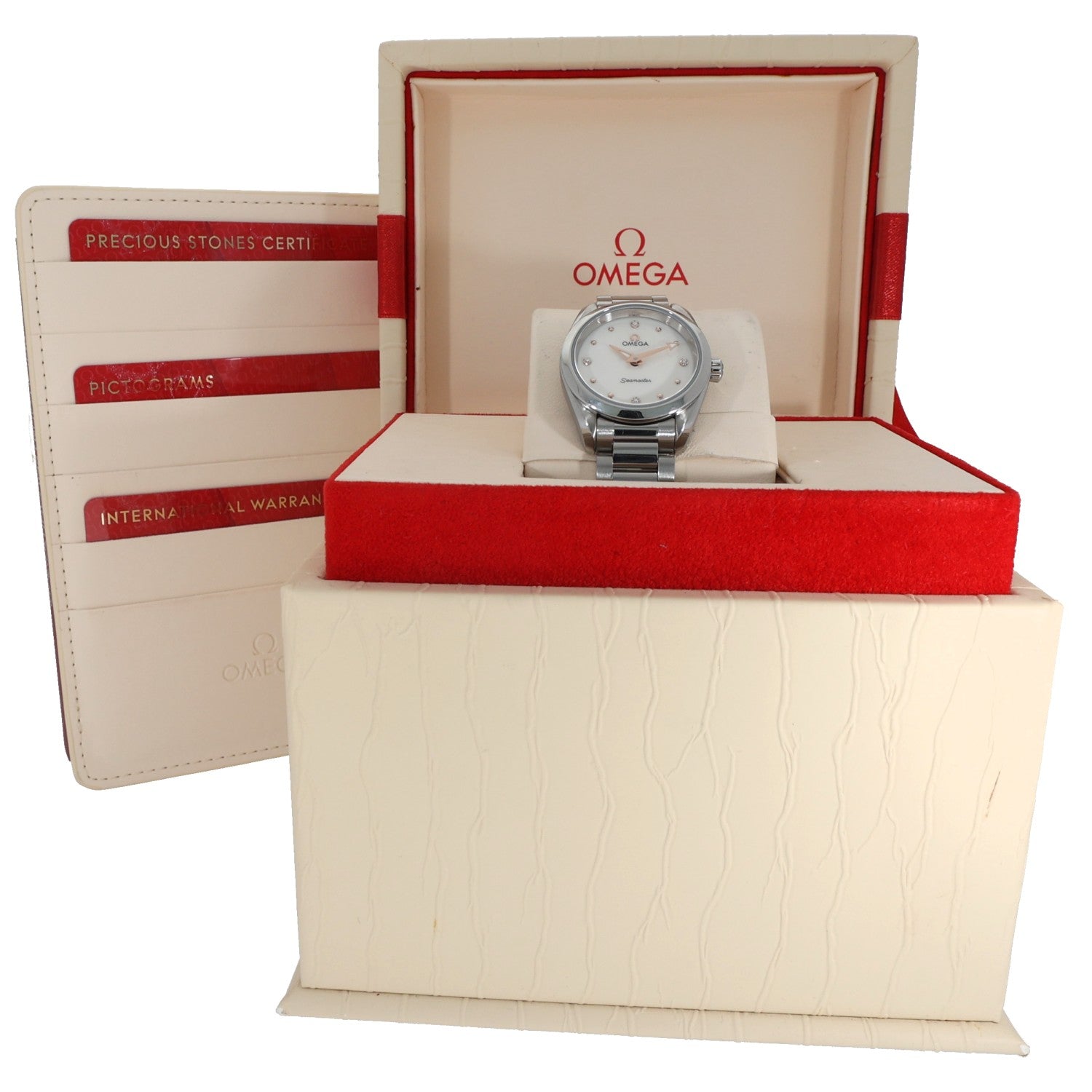 Omega Seamaster 220.10.28.60.54.001 watch in cream presentation box with red interior and warranty cards
