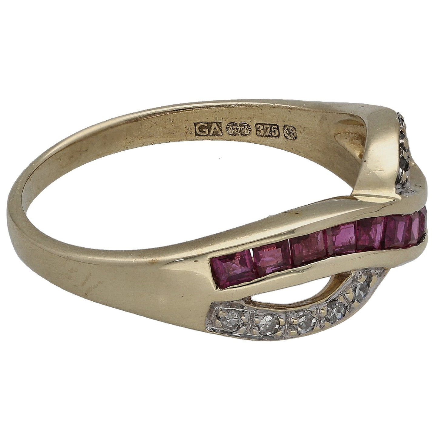 9ct gold half eternity ring side view with pink ruby row and diamond details