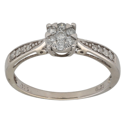 9ct White Gold 0.25ct Diamond Cluster Ring Size P