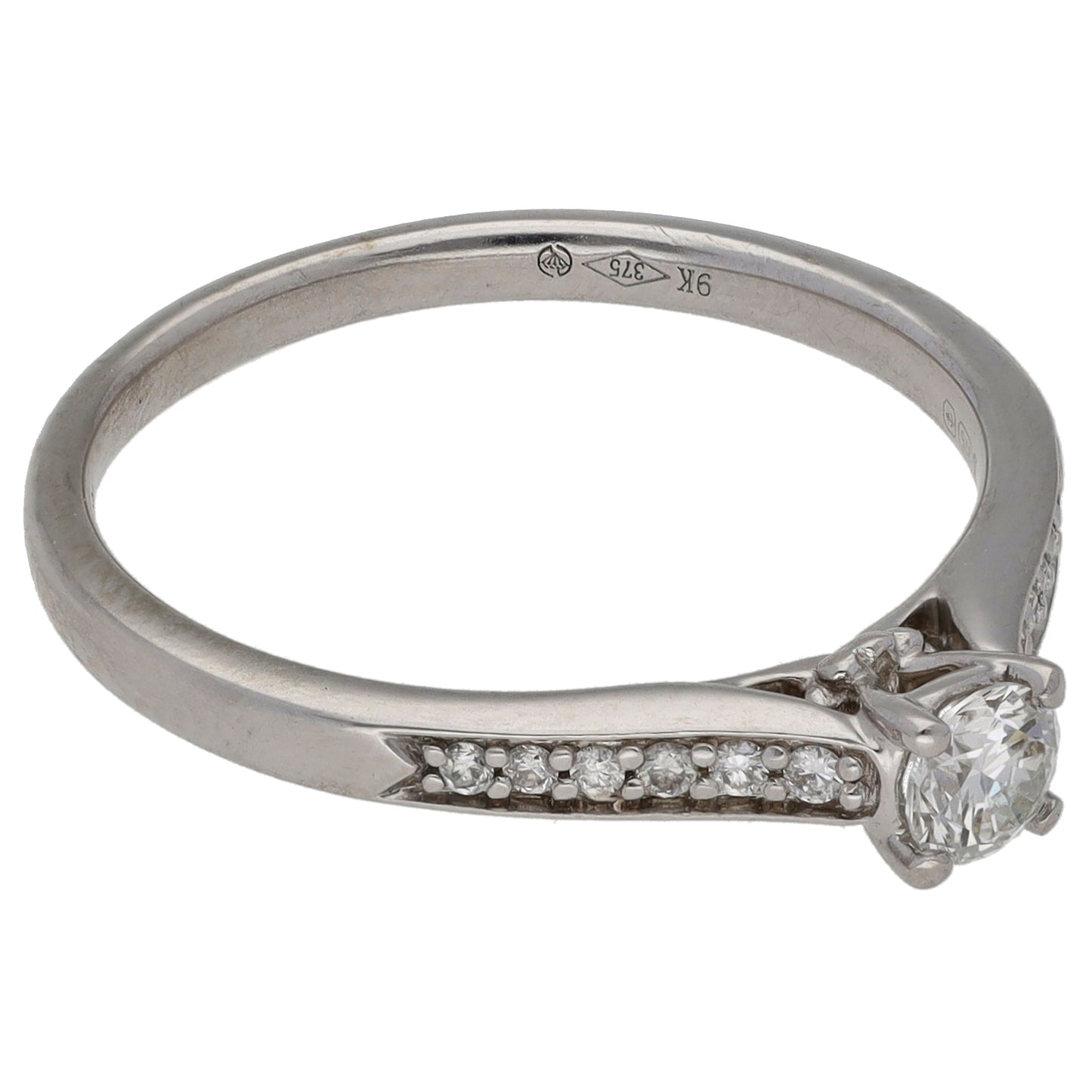 9ct White Gold 0.31ct Diamond Solitaire Ring With Accent Stones Size P