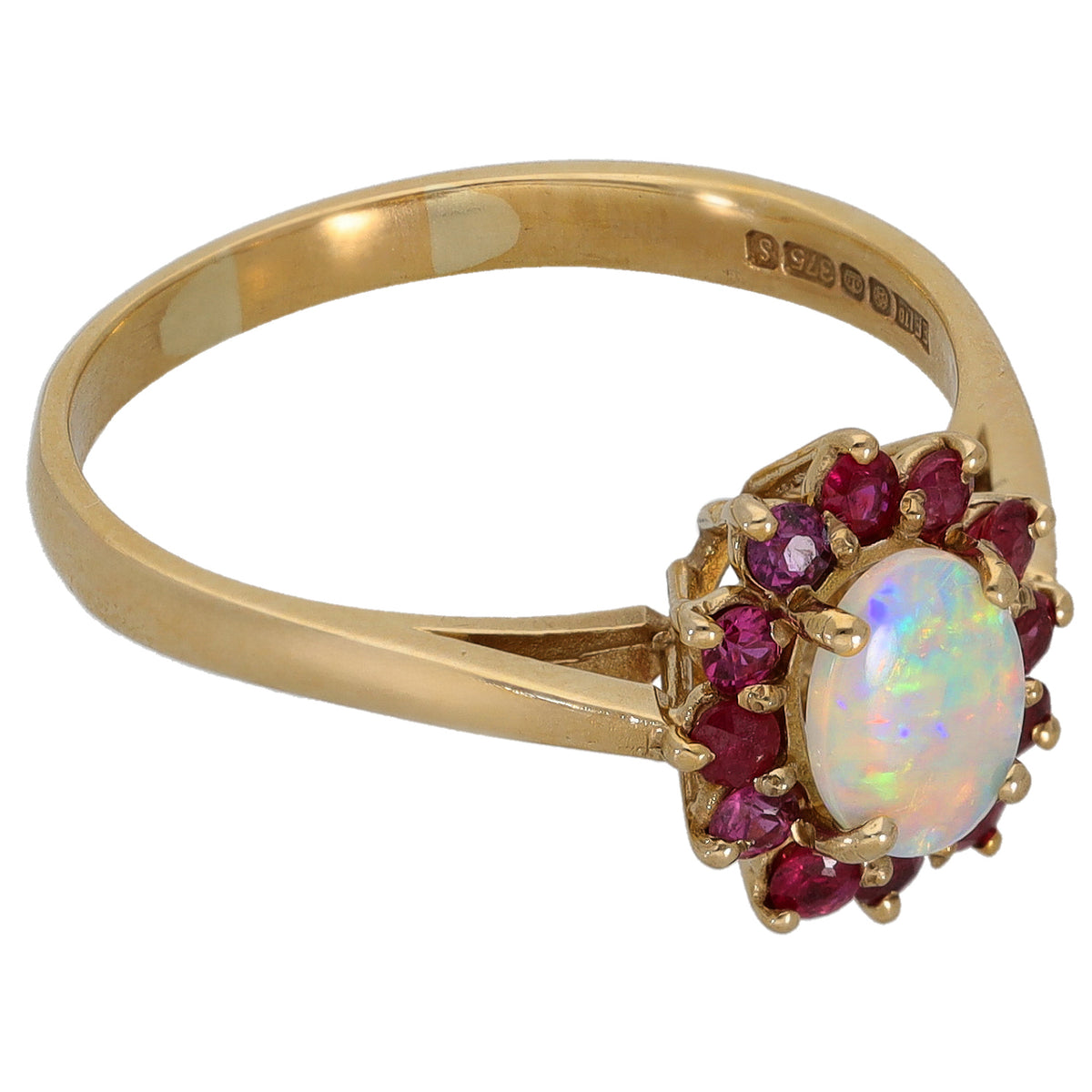 9ct gold ring with oval opal set in red ruby cluster; band marked 9ct