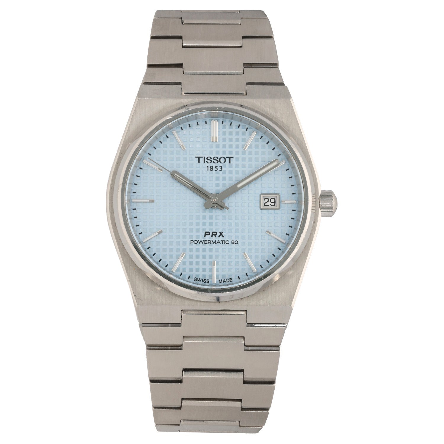 Tissot PRX T137407A, light blue dial with tapisserie pattern, stainless steel case and bracelet.