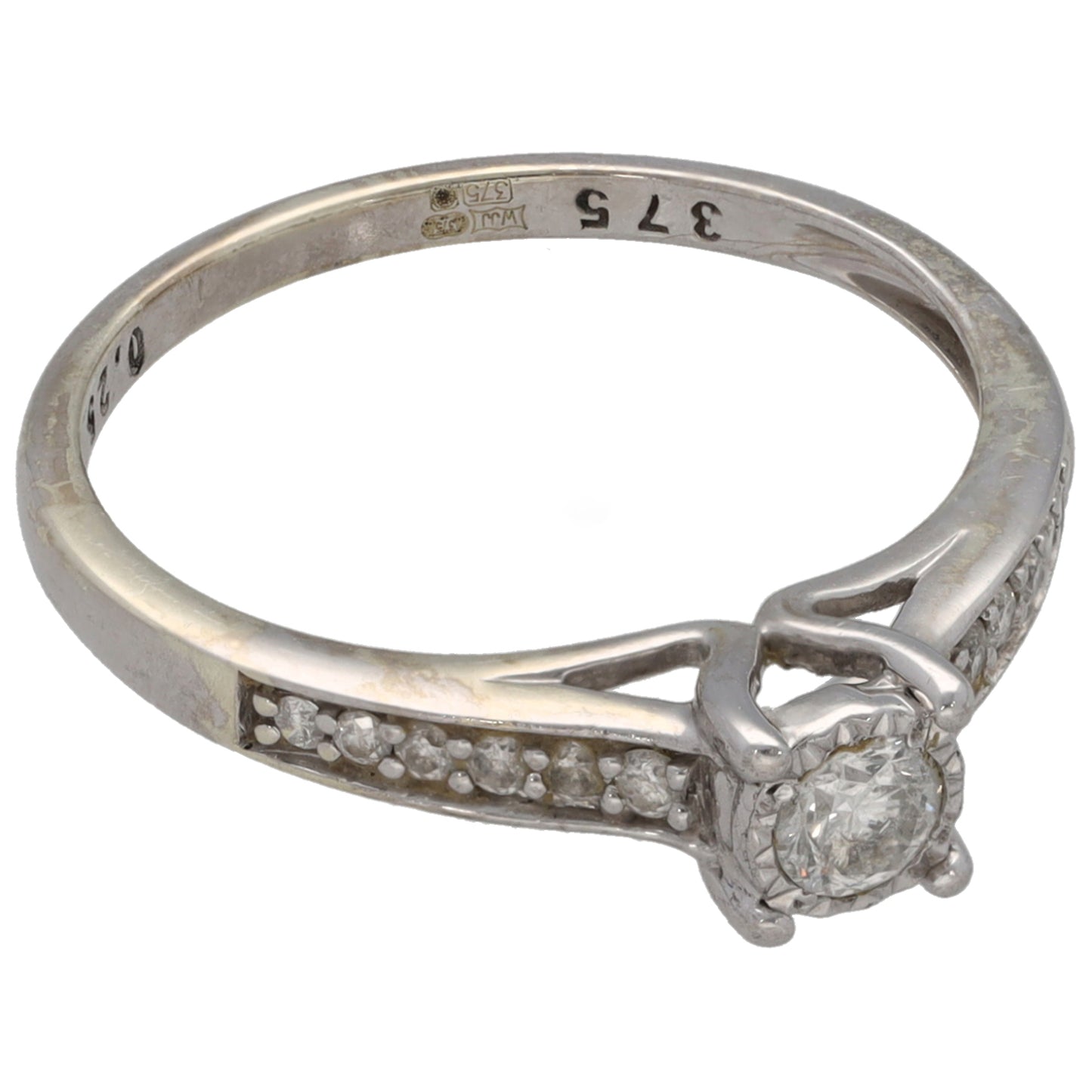 9ct White Gold 0.25ct Diamond Solitaire Ring With Accent Stones Size L