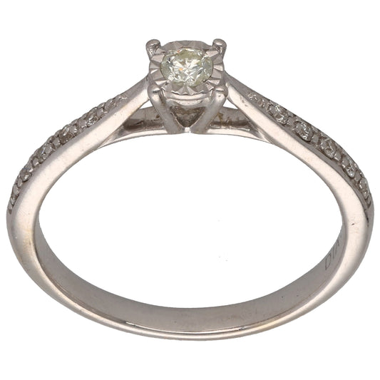 9ct White Gold 0.16ct Diamond Solitaire Ring With Accent Stones Size K