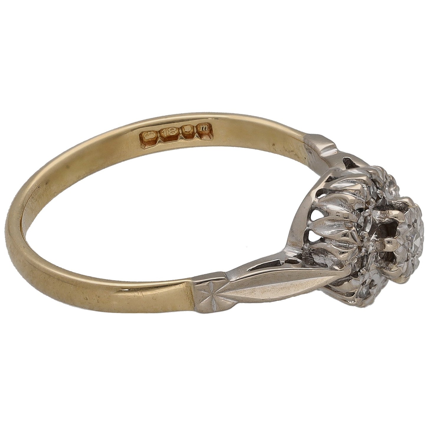 Bicolour gold ring with round diamond cluster and textured leaf shoulders