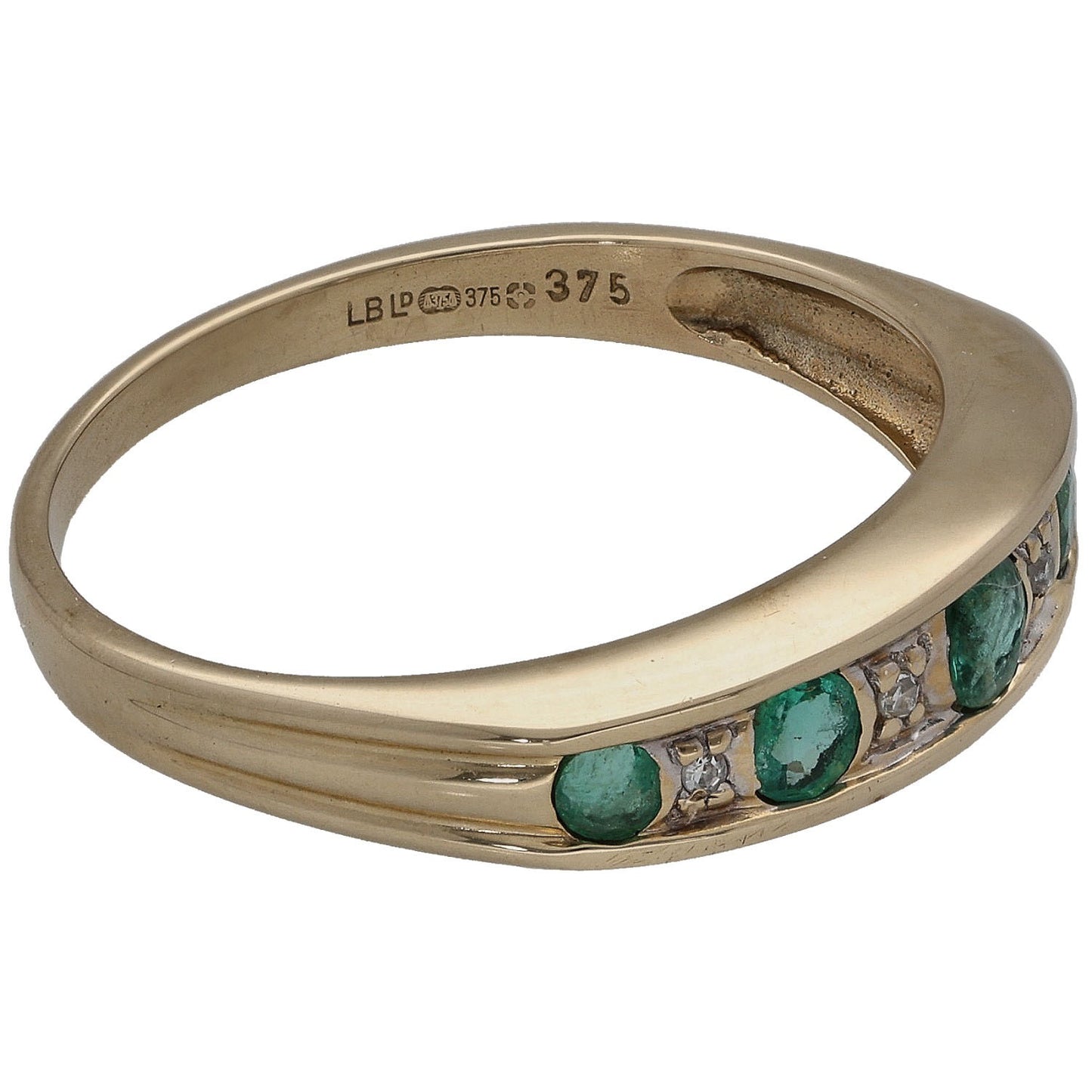 9ct Gold Emerald & 0.02ct Diamond Half Eternity Ring Size O