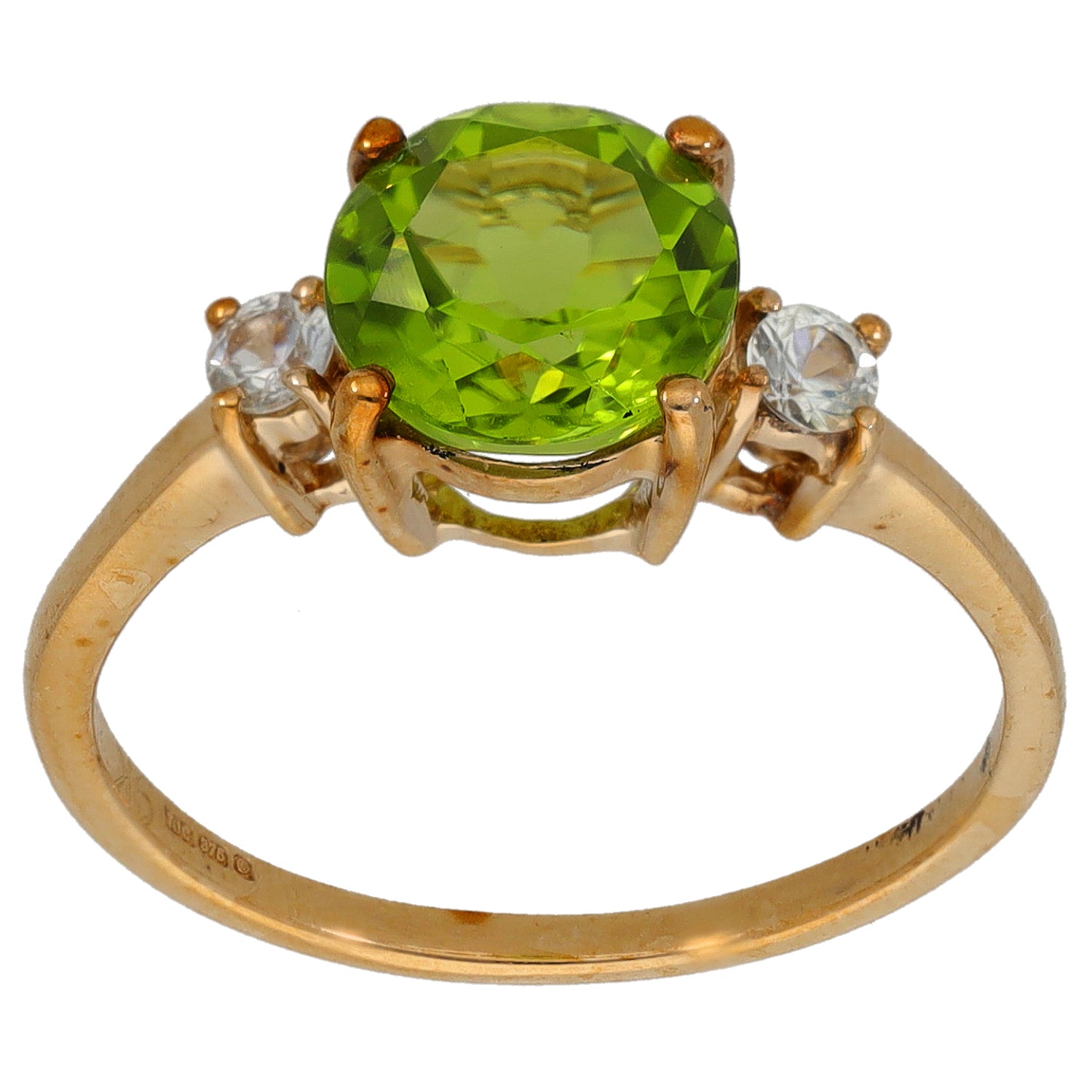 9ct gold ring with large green faceted stone flanked by two clear stones, size O