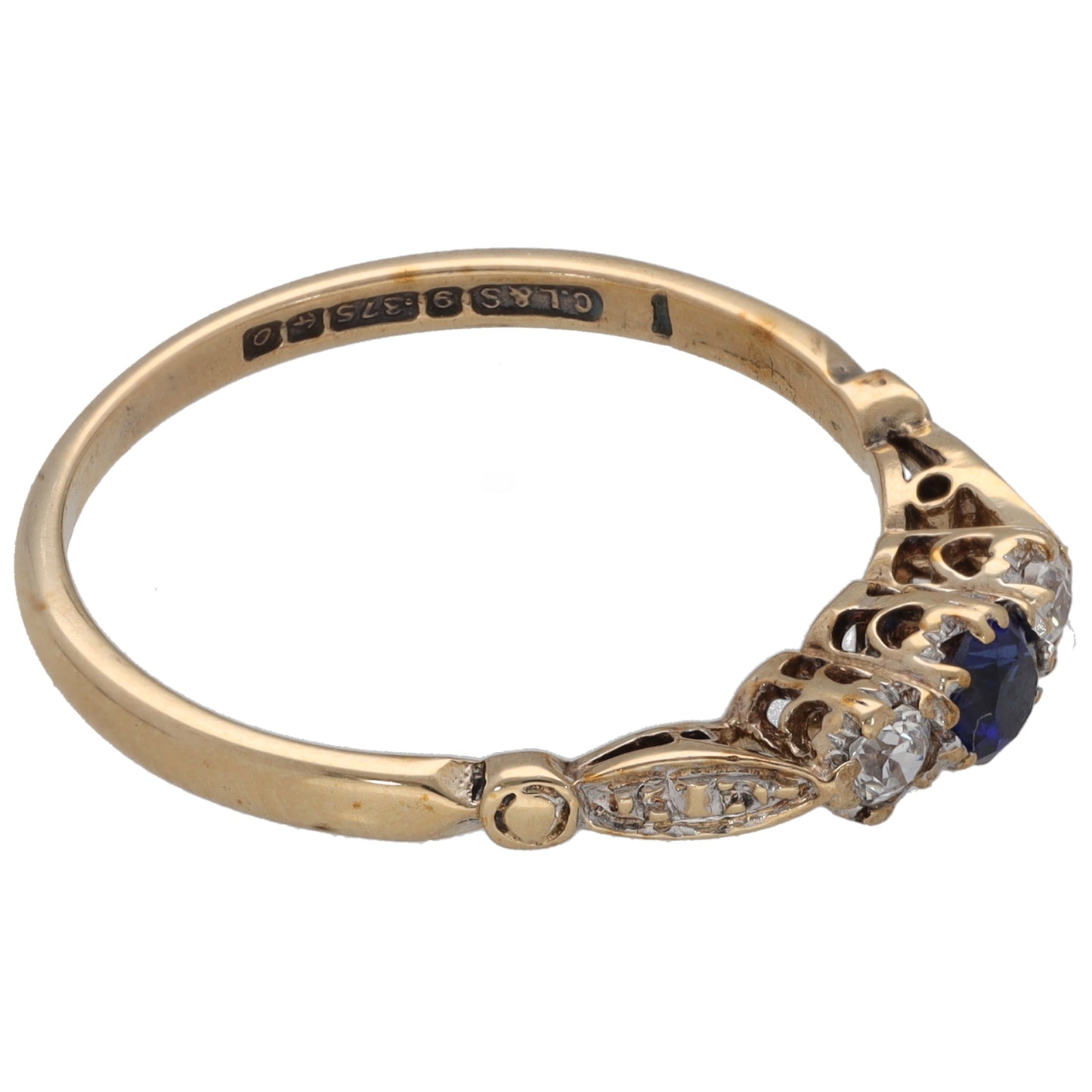 9ct Gold Man Made Sapphire & Cubic Zirconia Three Stone Ring Size Q