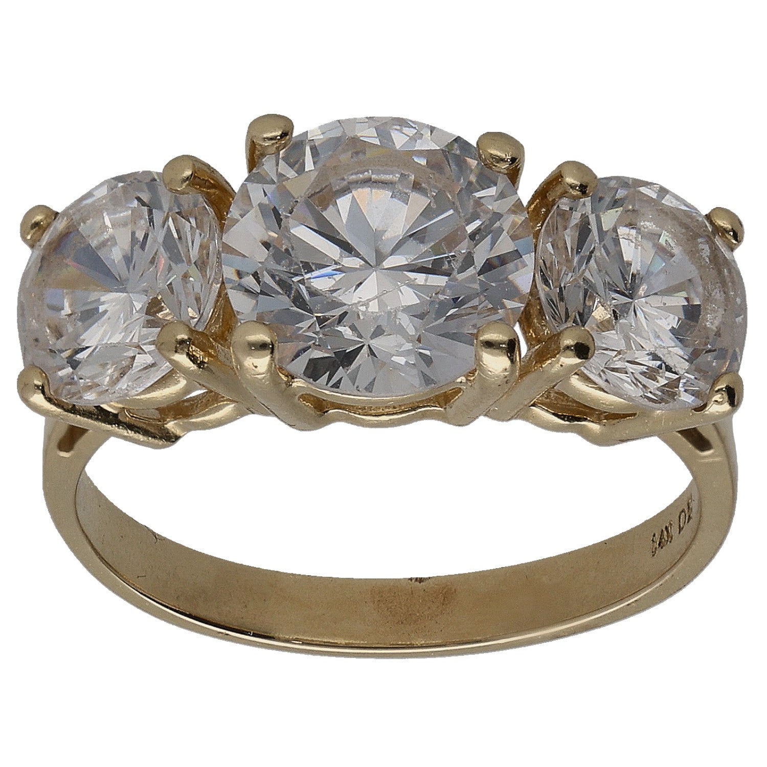 Gold-tone three-stone CZ ring with three round-cut clear stones in prong settings