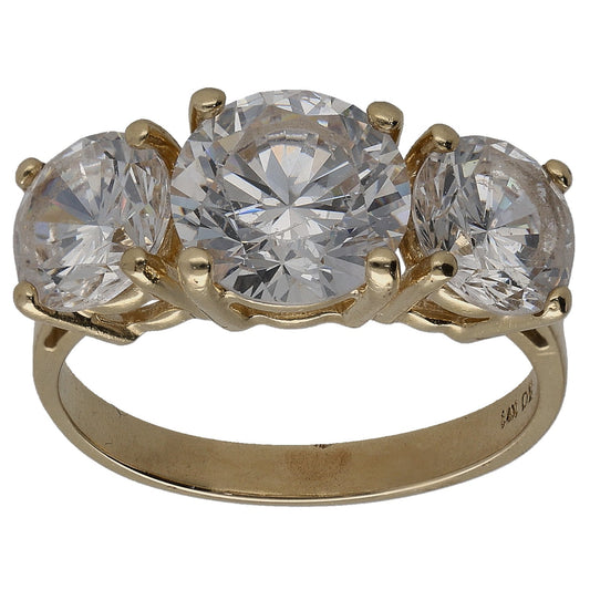 Gold-tone three-stone CZ ring with three round-cut clear stones in prong settings