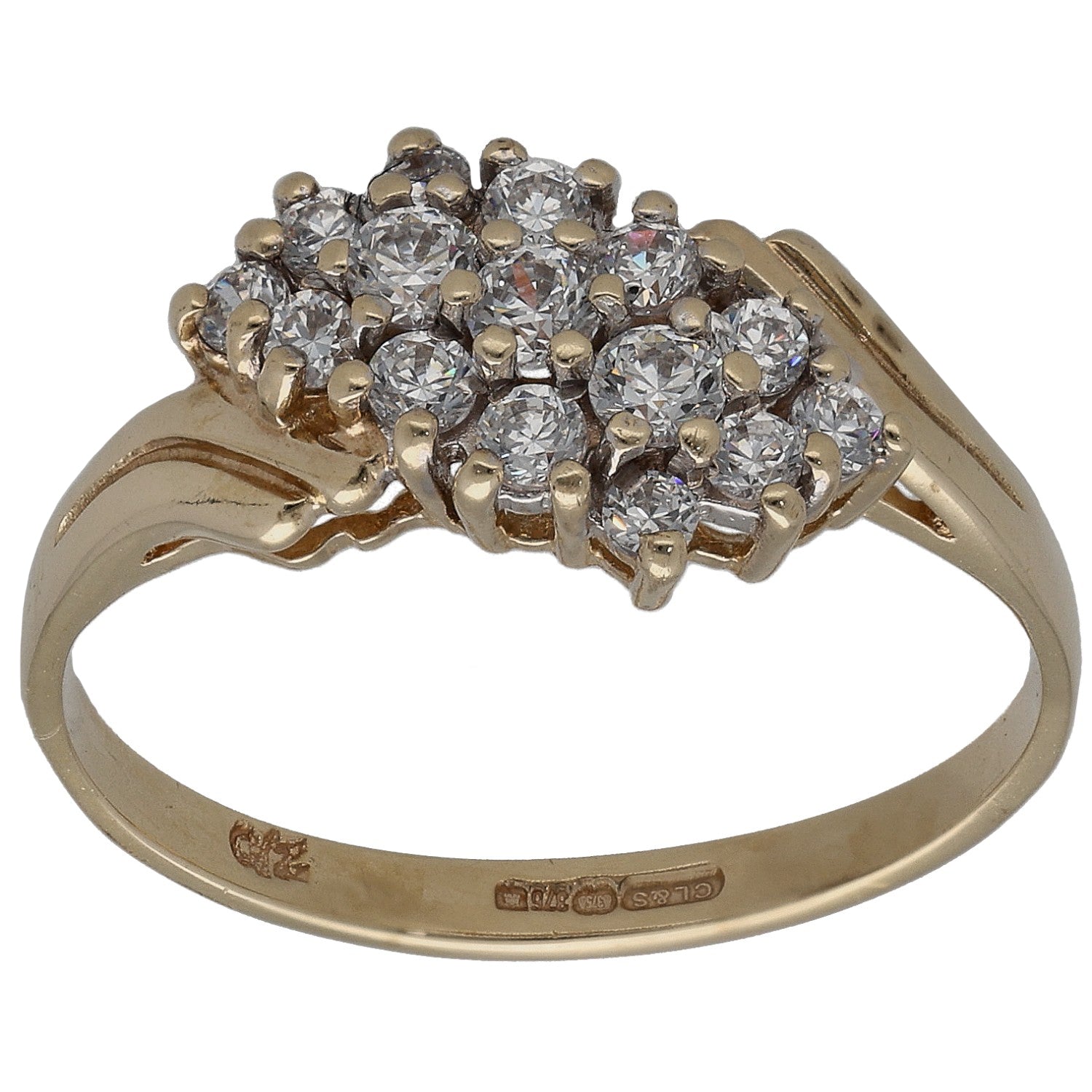 9ct gold CZ cocktail ring with clustered round clear stones, size R