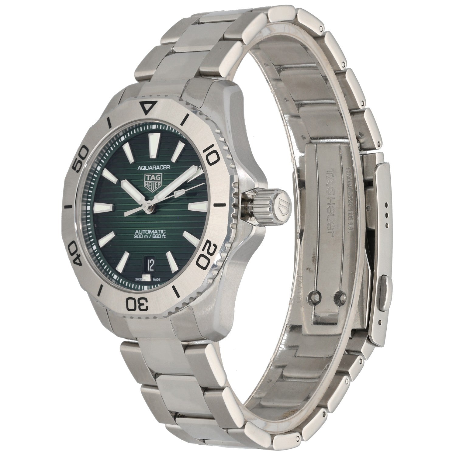 Tag Heuer Aquaracer WBP2115, dark green dial in a stanless steel case, with a stainless steel link bracelet, front angle