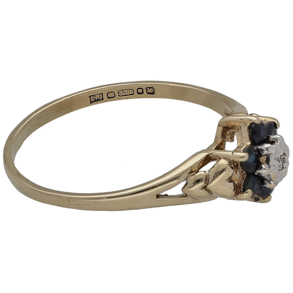 9ct gold sapphire and diamond cocktail ring, side view with round center stone