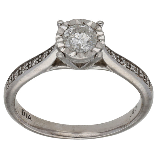 9ct White Gold 0.40ct Diamond Solitaire Ring With Accent Stones Size K