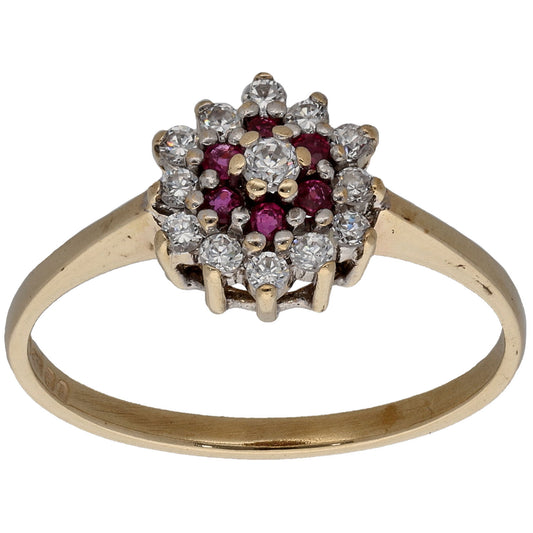 9ct Gold Ruby & Cubic Zirconia Cluster Ring Size M