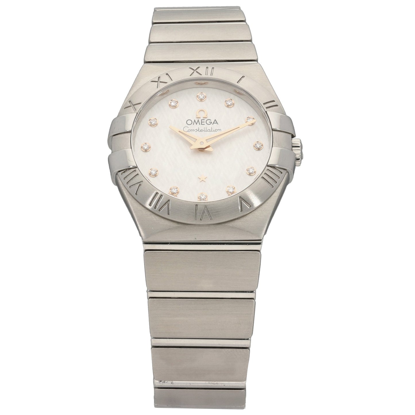 Omega Constellation 123.10.27.60.52.001 Stainless steel wristwatch with ivory dial, diamond markers, and Roman numeral bezel