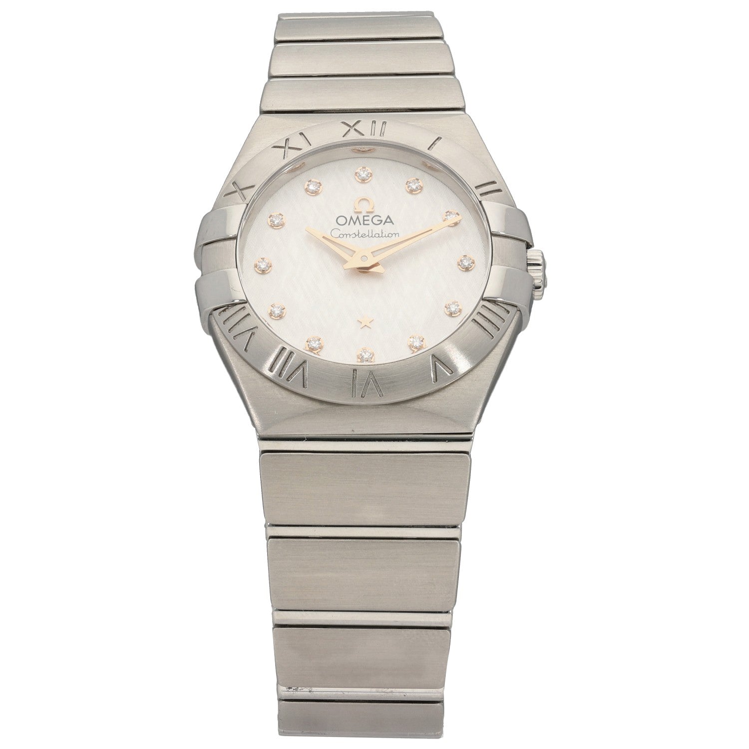 Omega Constellation 123.10.27.60.52.001 Stainless steel wristwatch with ivory dial, diamond markers, and Roman numeral bezel