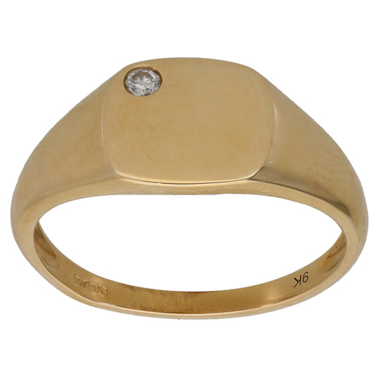 9ct Gold 0.05ct Diamond Patterned Single Stone Signet Ring Size W