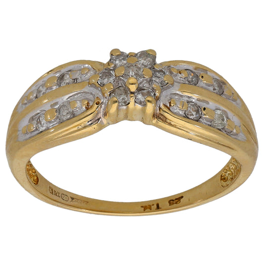 9ct gold ring with round diamond cluster top and scalloped sides
