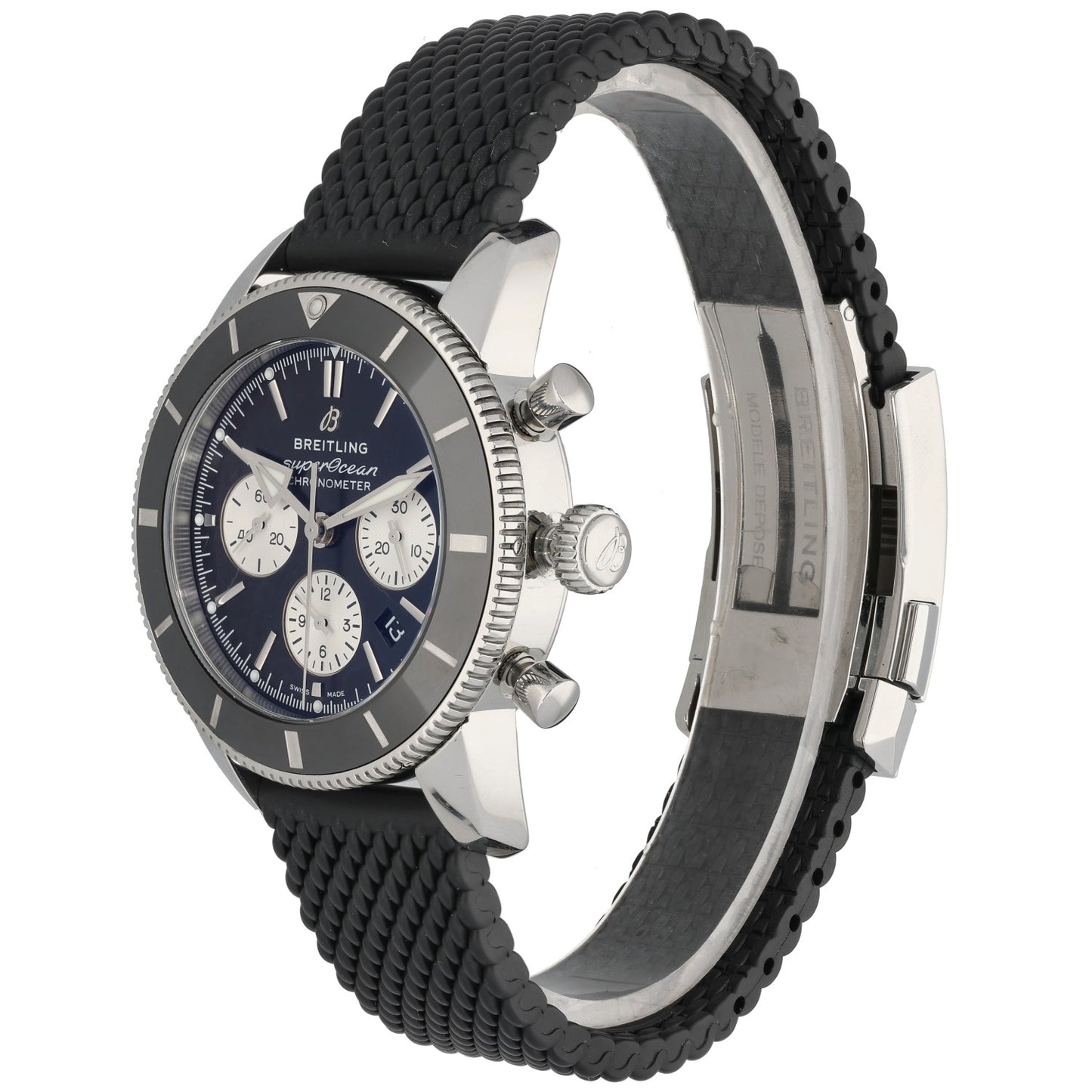 Breitling Vintage AB0162 Stainless steel watch case with navy dial and black woven strap, side view