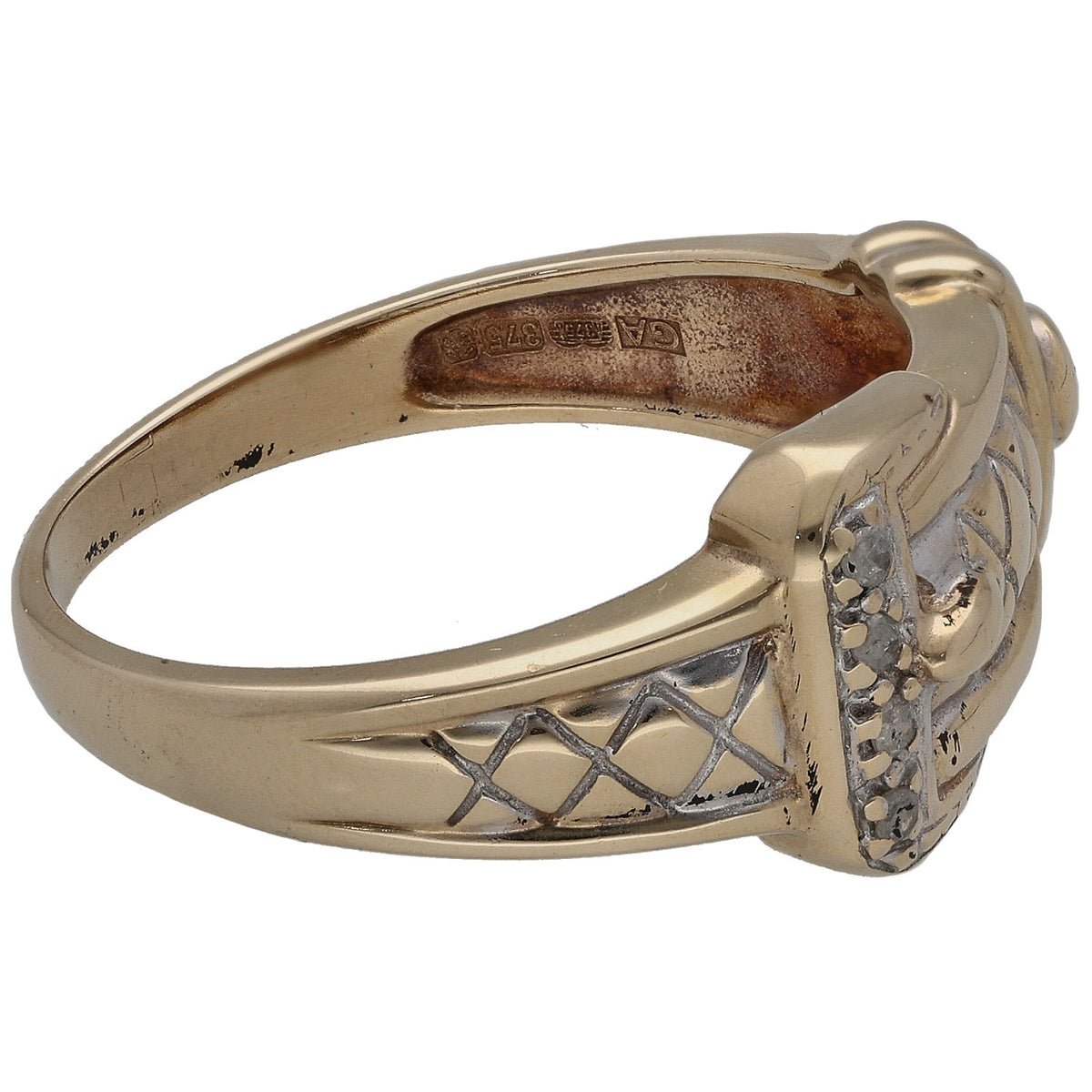Gold buckle ring side view with lattice engraving and round diamond cluster