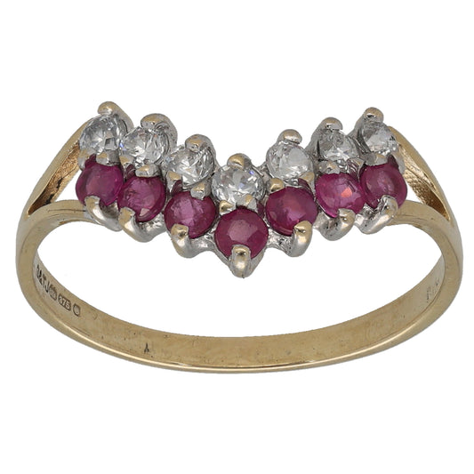9ct Gold Ruby & Cubic Zirconia Wishbone Ring Size P