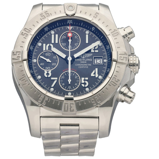 Breitling Avenger stainless steel watch with blue chronograph dial and date window