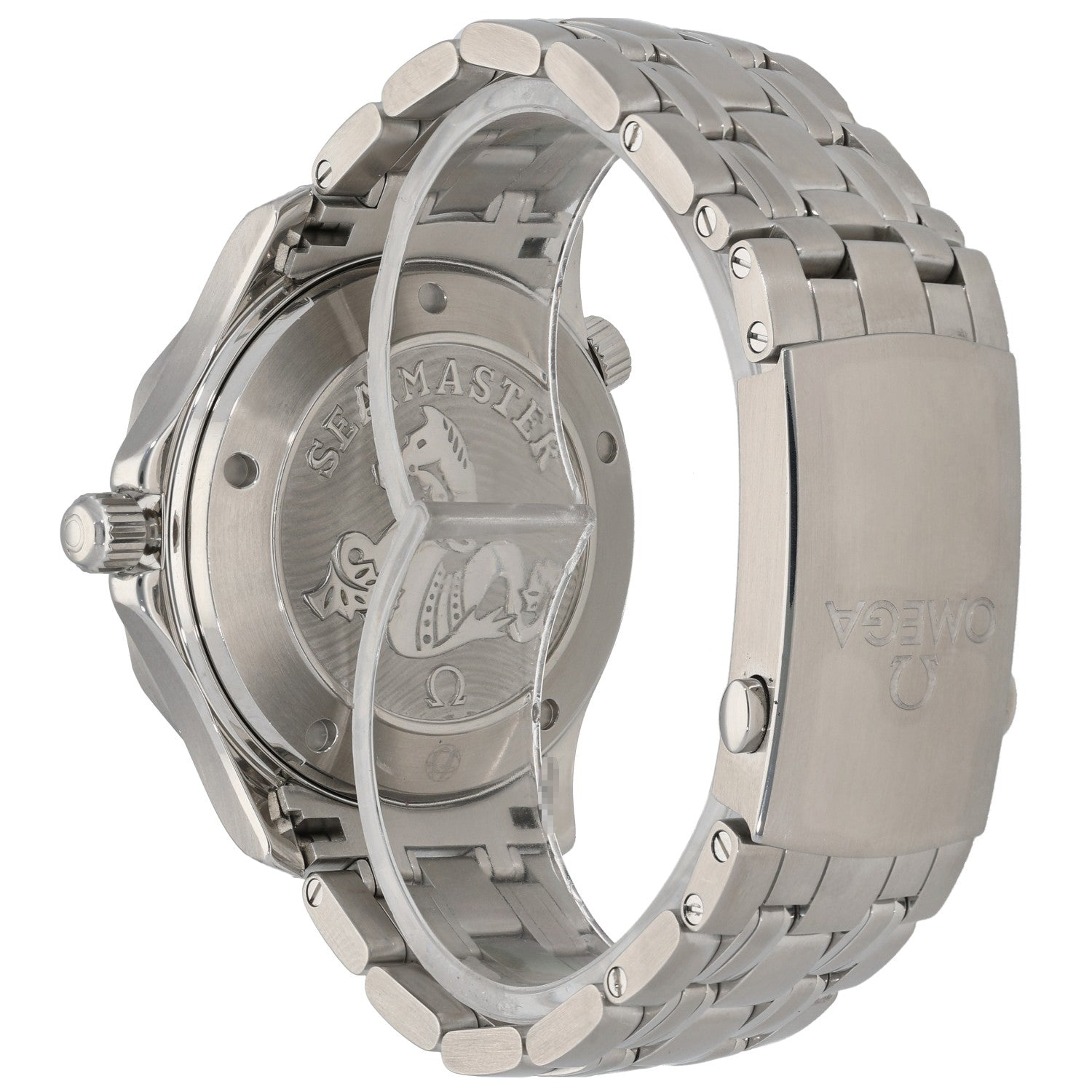 Stainless steel Omega Seamaster 212.30.41.20.01.003 watch caseback with engraved details and bracelet links