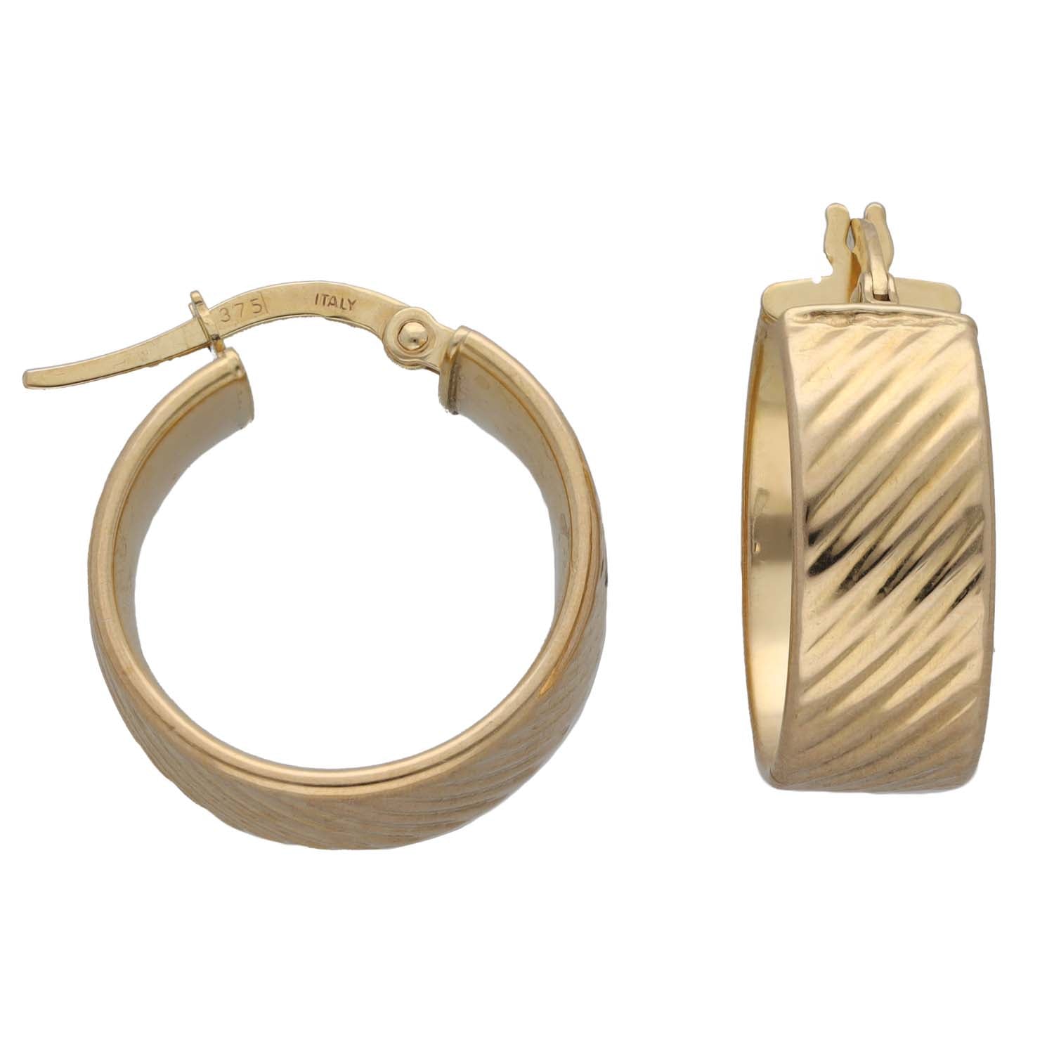 9ct gold hoop earrings with ridged front and hinged clasp